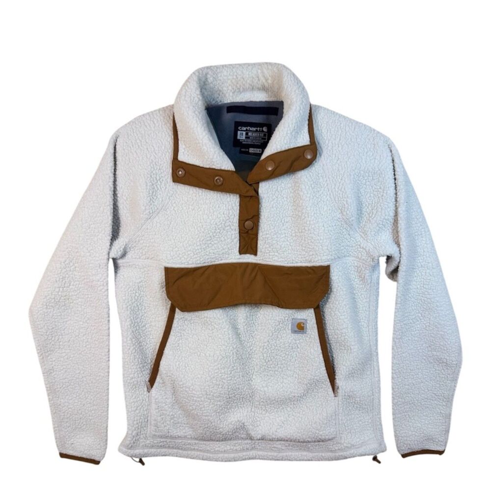 Carhartt Women's Sherpa Fleece Snap Pullover XS White Tan Relaxed Fit 104922 EUC